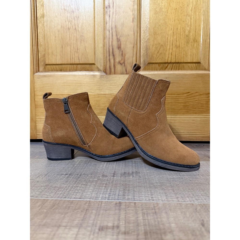 Propet Women's Reese Suede Western Ankle Bootie Almond Toe Block Heel Zipper